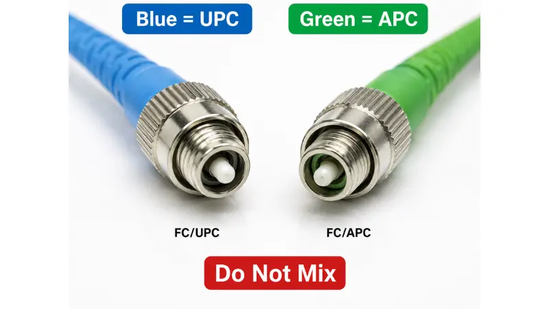 Comparison image showing how to identify blue FC/UPC and green FC/APC fiber connectors Comparison image showing how to identify blue FC/UPC and green FC/APC fiber connectors