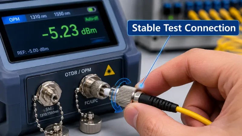 FC fiber connector attached to an optical power meter or OTDR test port for a stable test connection FC fiber connector attached to an optical power meter or OTDR test port for a stable test connection